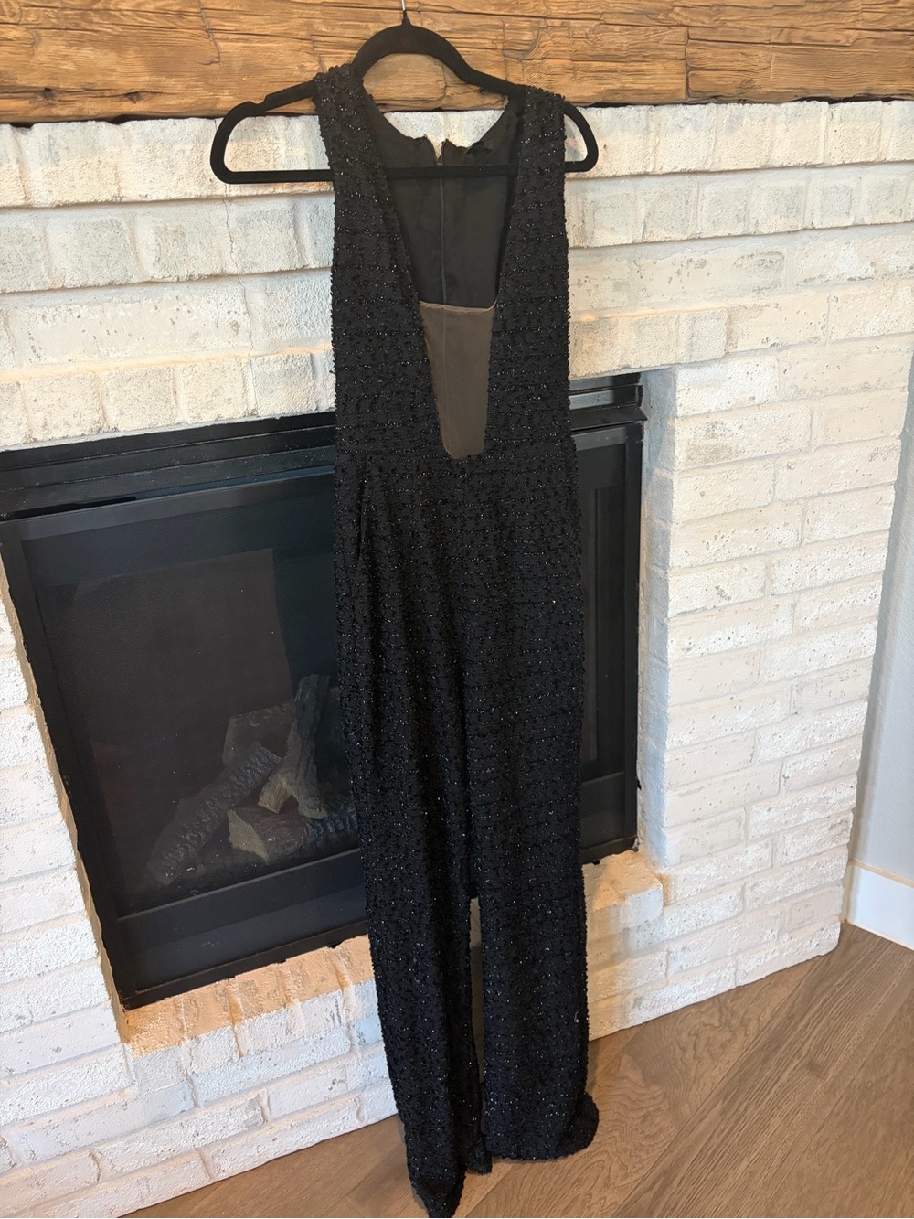 Revolve NBD Black Beaded Deep-V Jumpsuit